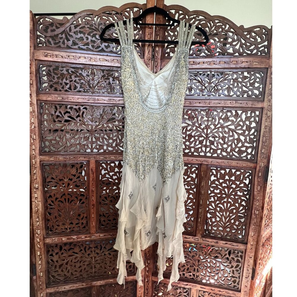 Vintage Sue Wong Silver/Cream Beaded Detail Midi-Dress - Picture 2 of 10